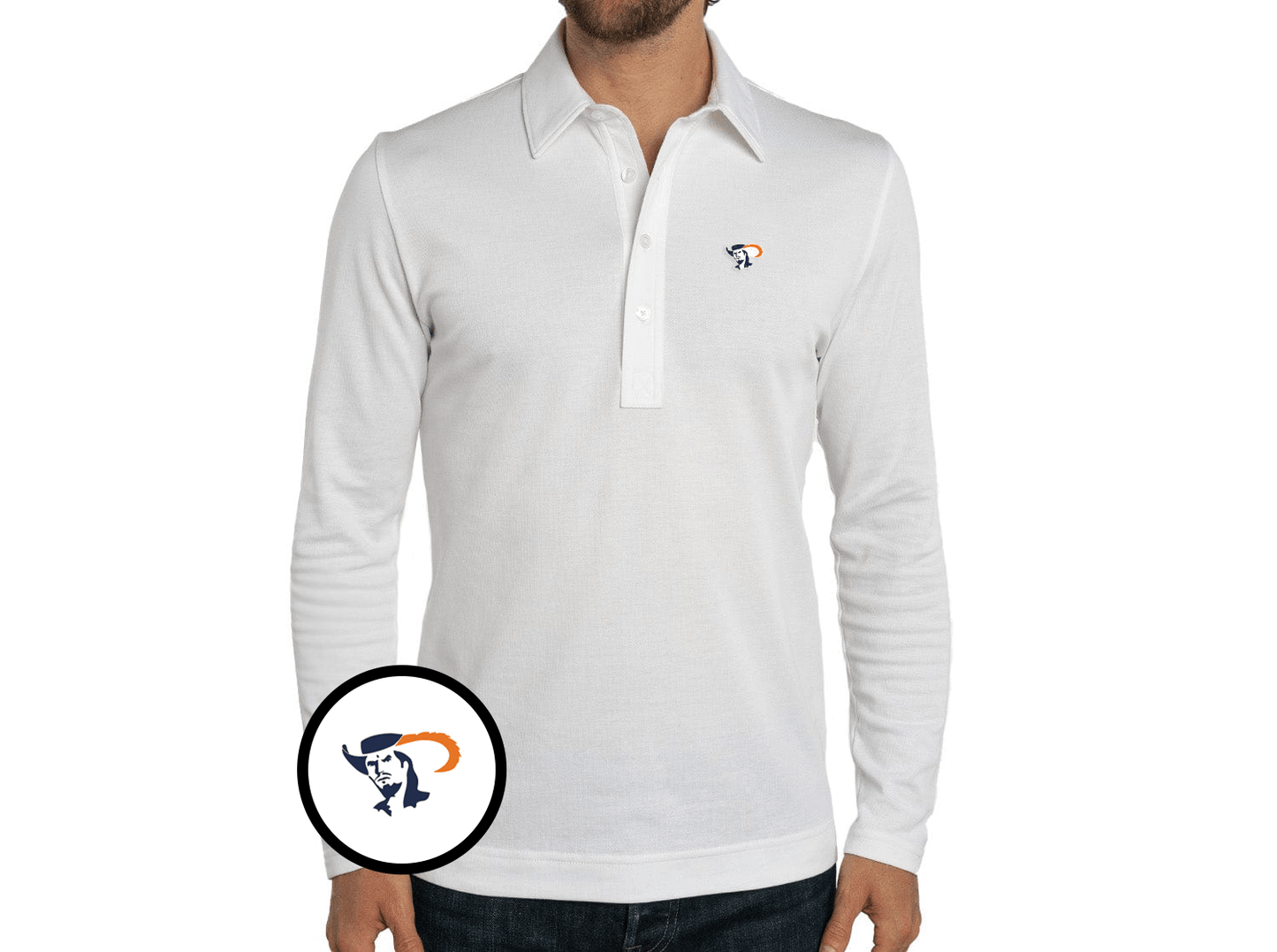 Criquet Virginia in Jacquard Long Sleeve Polo, Cavalier head, White, view 1