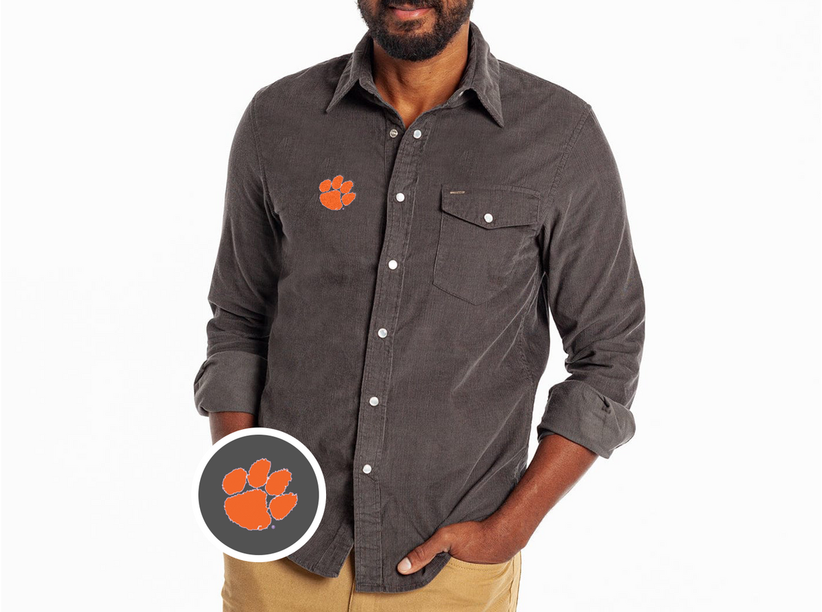 Clemson - Corduroy Pearl Snap - Paw - Charcoal