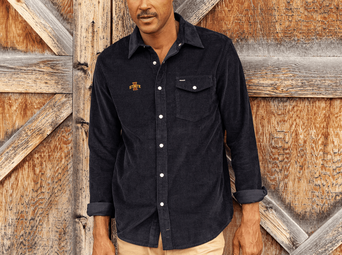 Criquet Iowa State Corduroy Pearl Snap in I State, Midnight Oil, view 1