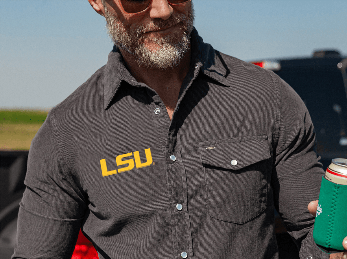 Criquet LSU Corduroy Pearl Snap in LSU, Charcoal, view 2