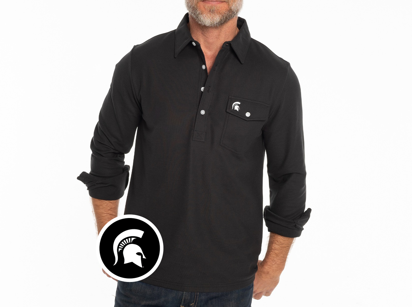 Michigan State - Coach’s Long Sleeve Players Shirt - Spartan Helmet - Black