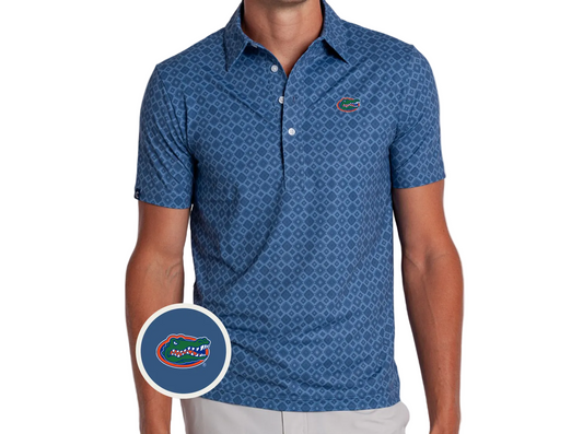 A man wearing a blue short-sleeve polo shirt with a repeating geometric pattern and the Florida Gators logo on the chest. A circular inset at the bottom left shows a close-up of the Gators logo.