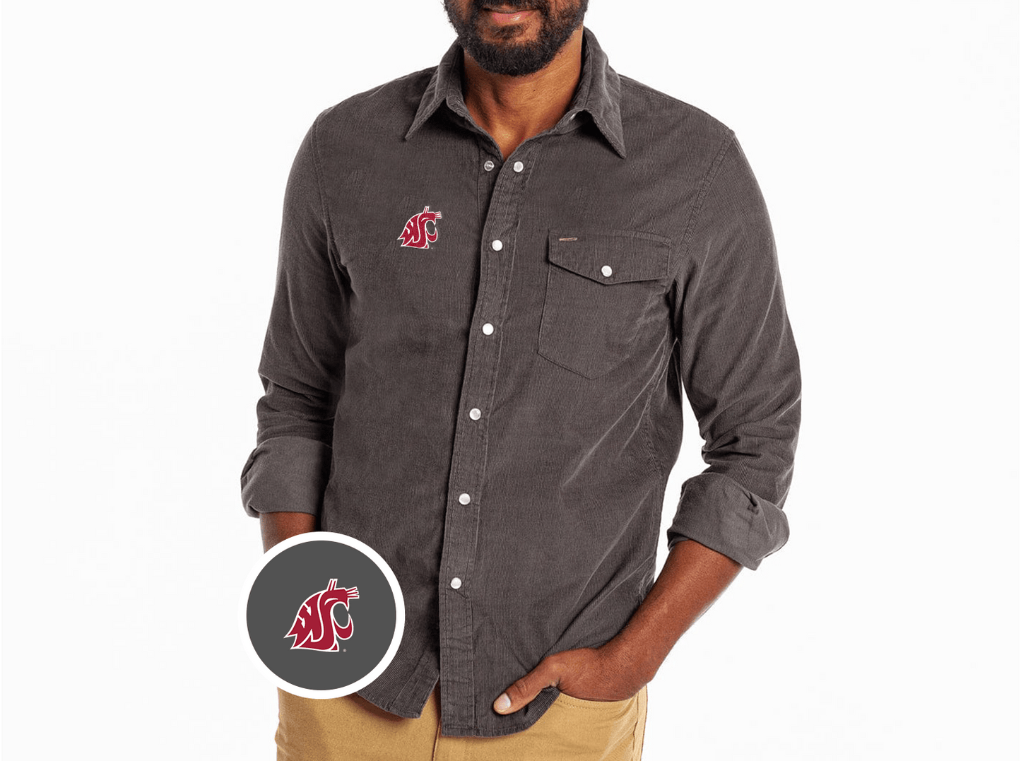 Criquet Washington State Corduroy Pearl Snap in Cougar, Charcoal, view 1