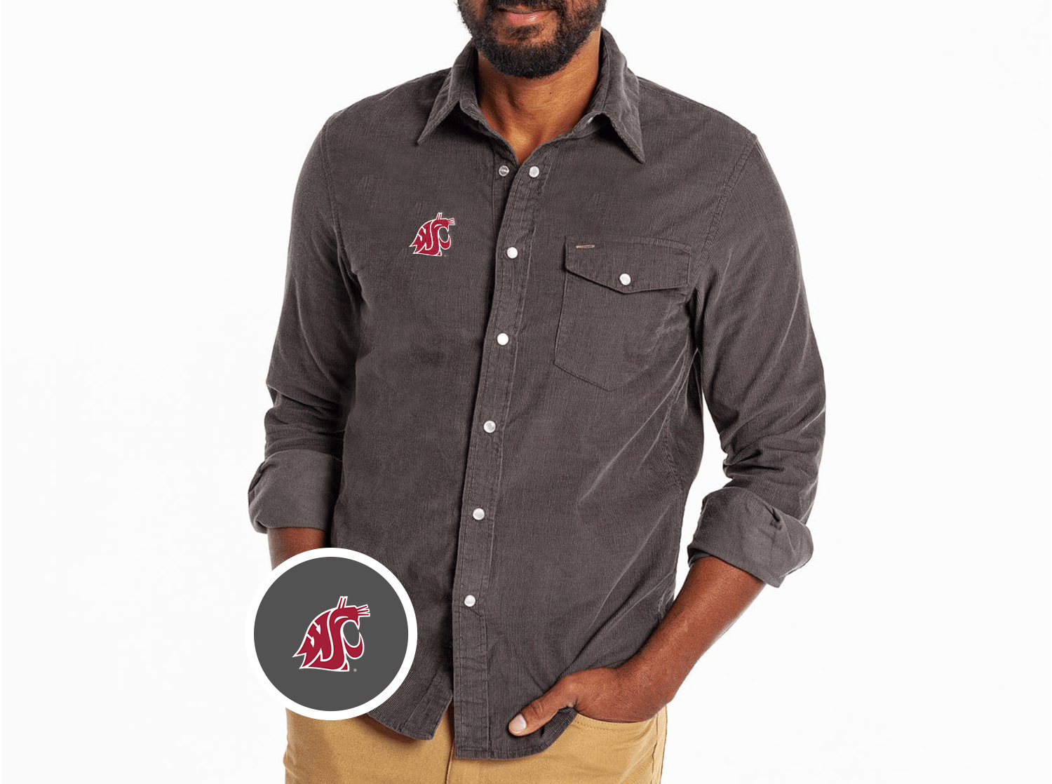 Criquet Washington State Corduroy Pearl Snap in Cougar, Charcoal, view 1