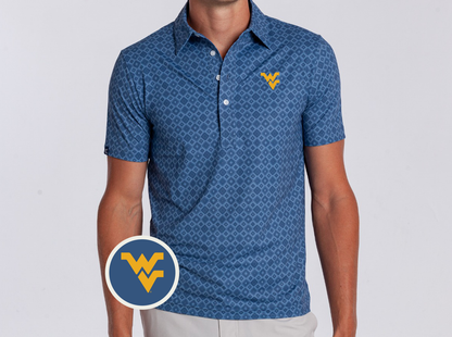 West Virginia - Sport Range Polo - WV Stacked - Durango Print Blue