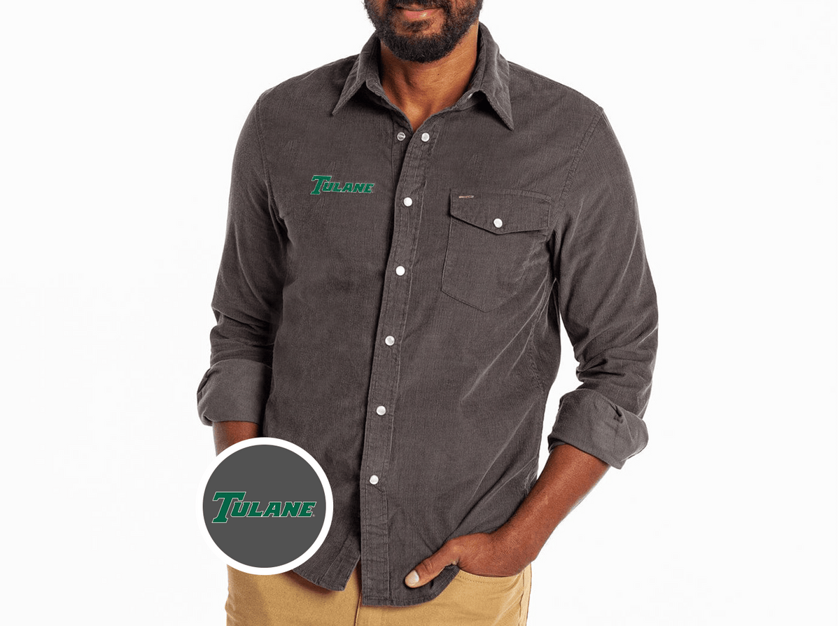 Criquet Tulane Corduroy Pearl Snap in Wordmark, Charcoal, view 1