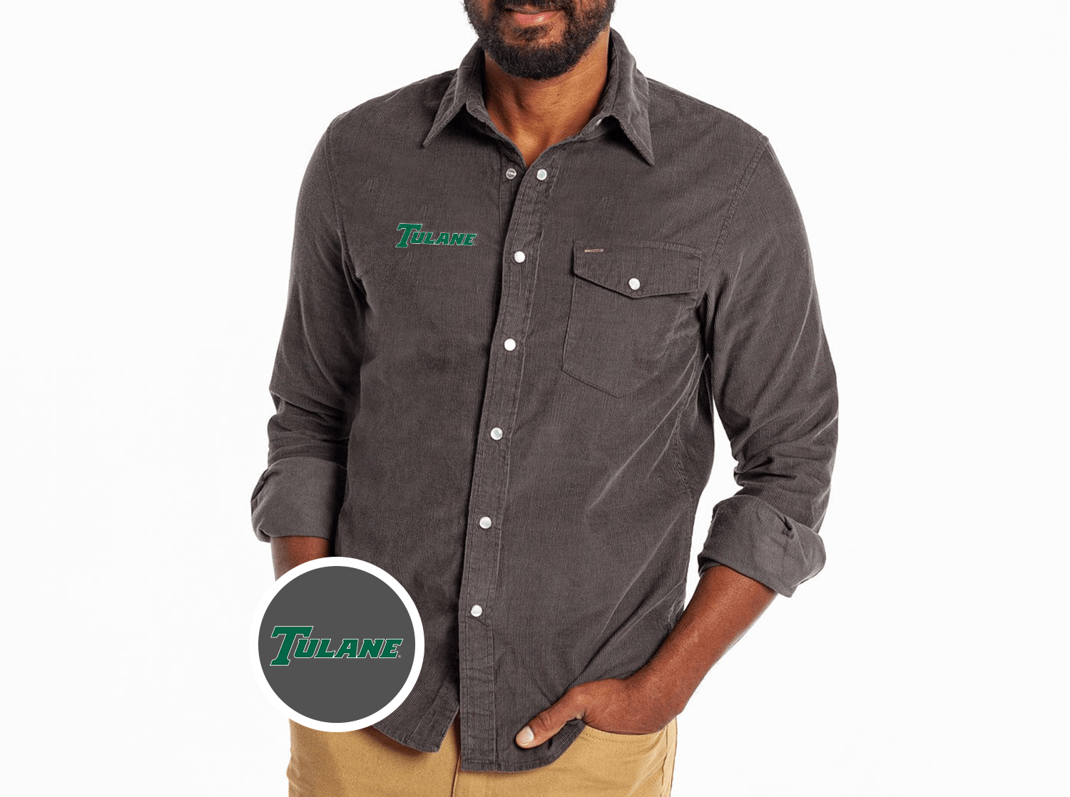 Criquet Tulane Corduroy Pearl Snap in Wordmark, Charcoal, view 1