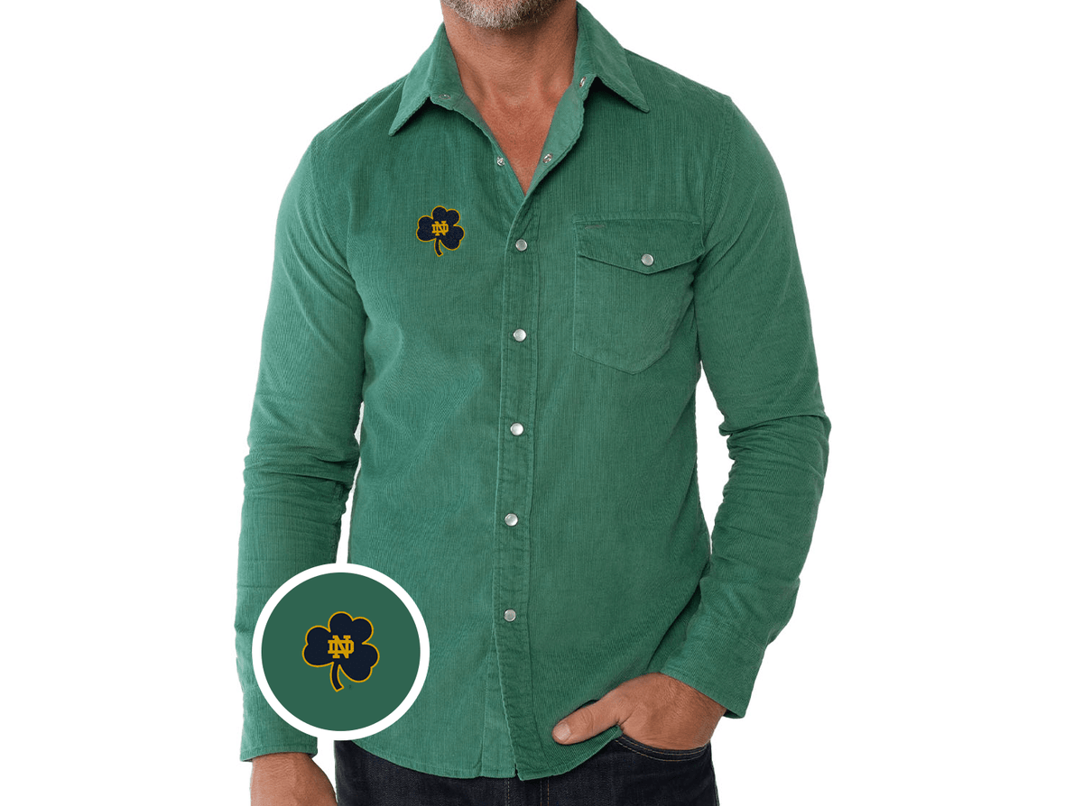 Criquet Notre Dame Corduroy Pearl Snap in Shamrock, Deep Sea, view 2