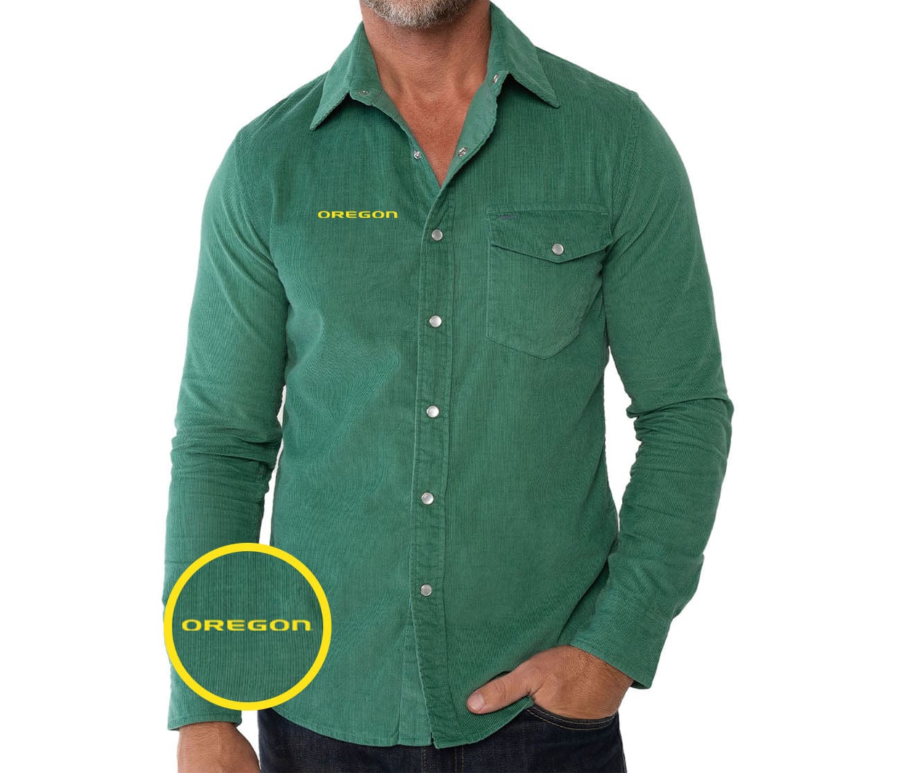Oregon - Corduroy Pearl Snap - Oregon Wordmark - Green