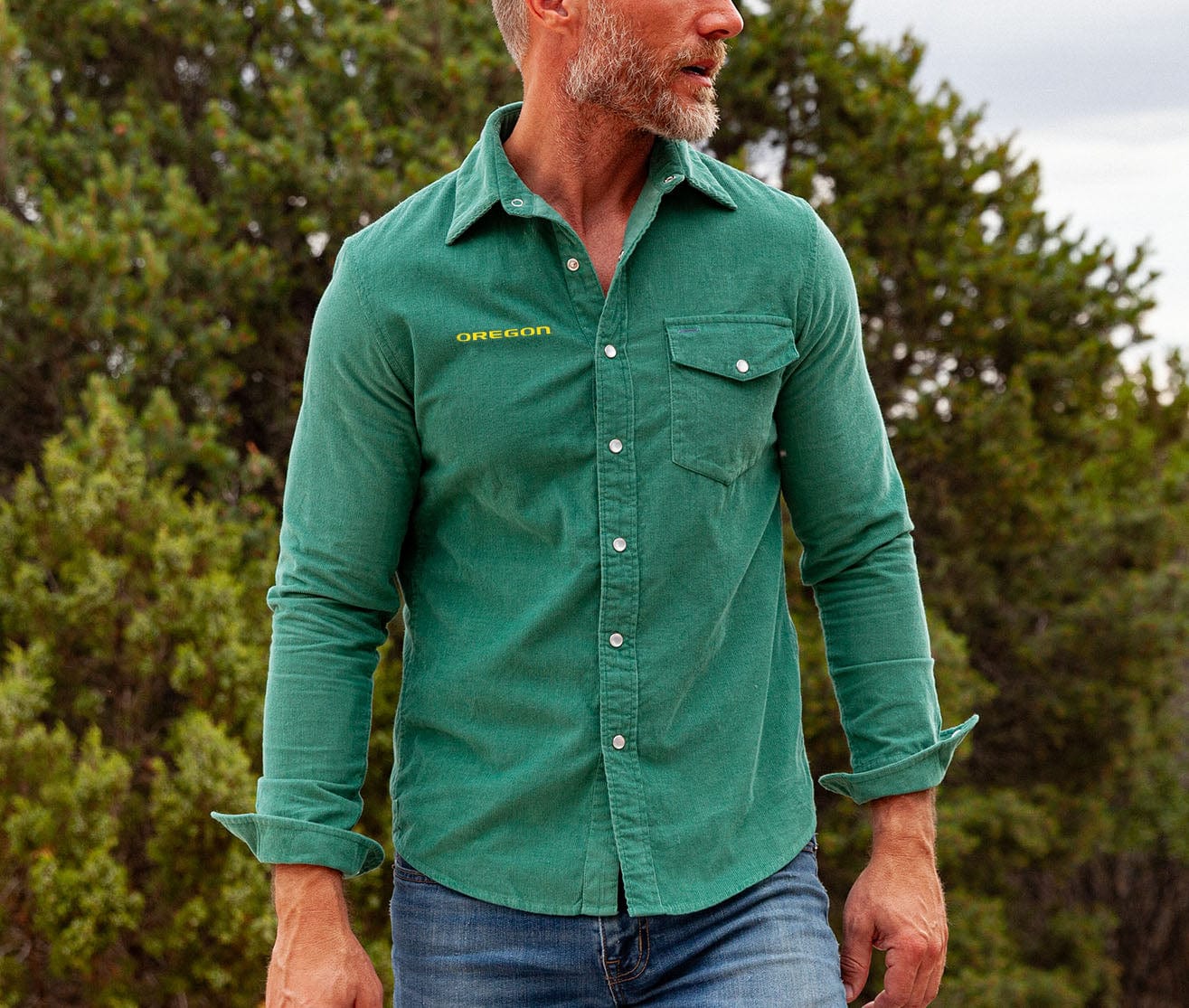 Oregon - Corduroy Pearl Snap - Oregon Wordmark - Green