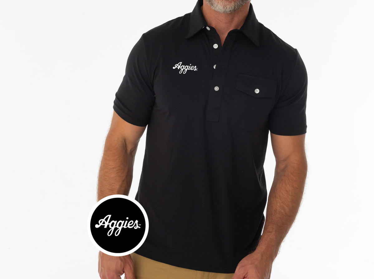 Criquet Texas A&M in Coaches Players Shirt, Aggies Cursive, Black, view 1
