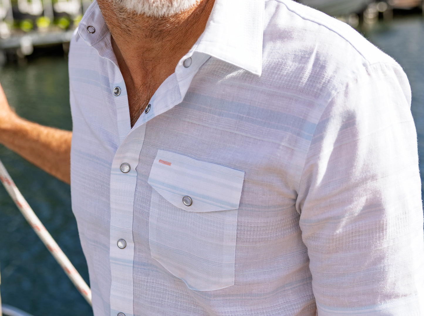 Hemp Stripe Pearl Snap - Light Blue