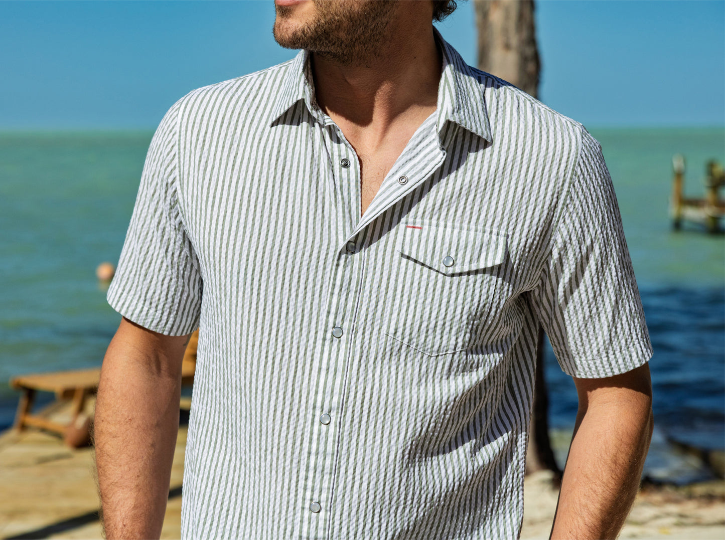 Short Sleeve Performance Pearl Snap - Sage Seersucker