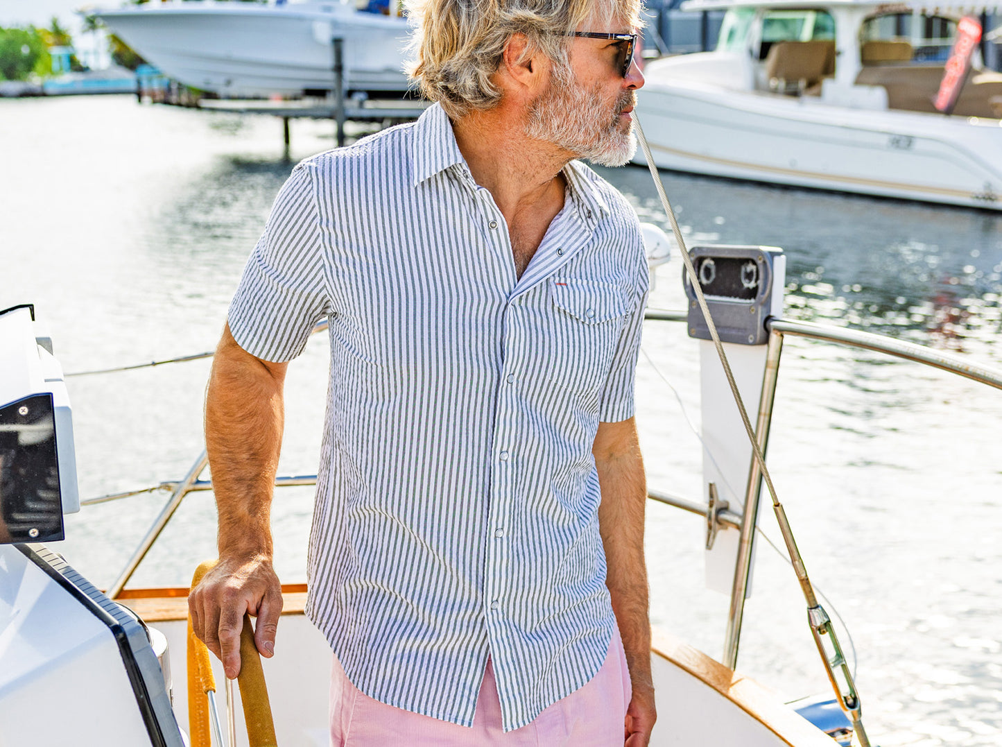 Short Sleeve Performance Pearl Snap - Sage Seersucker