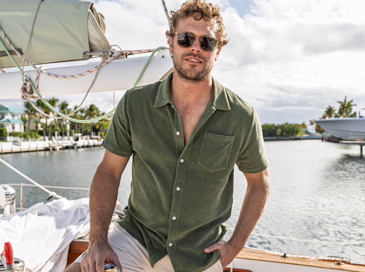 Terrycloth Button Down - Palm Frond