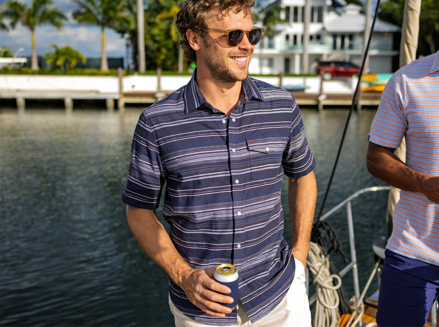 Hemp Stripe Pearl Snap - Navy