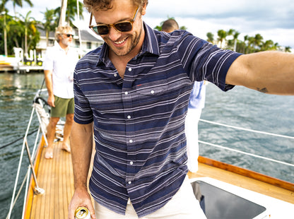 Hemp Stripe Pearl Snap - Navy