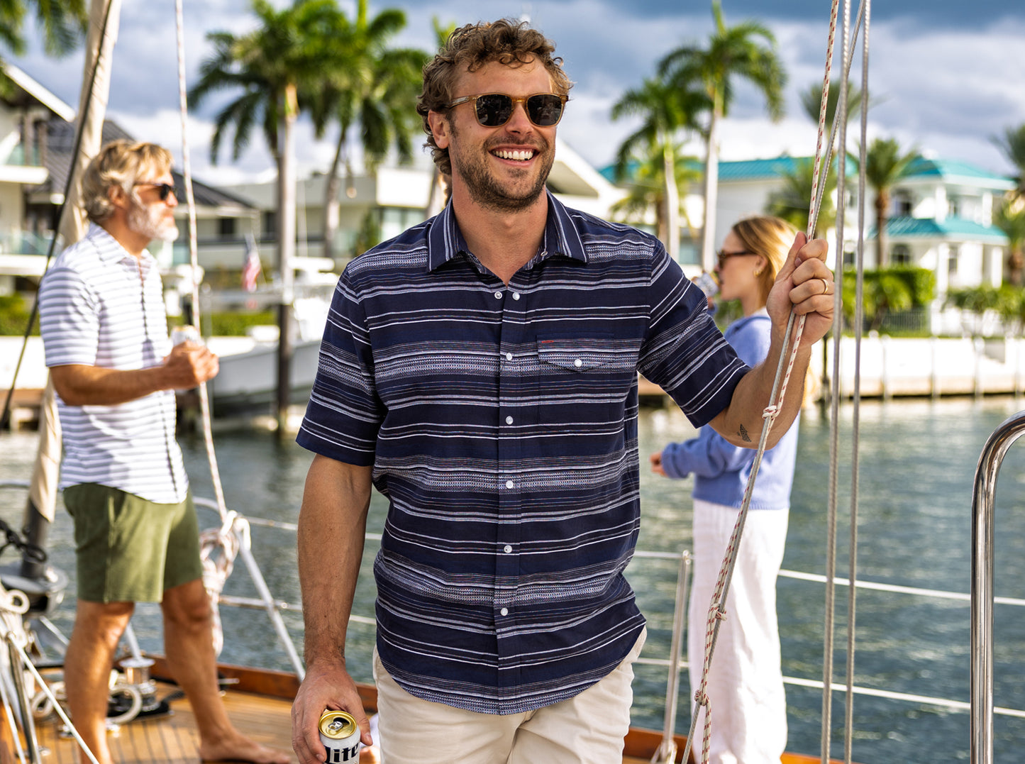 Hemp Stripe Pearl Snap - Navy