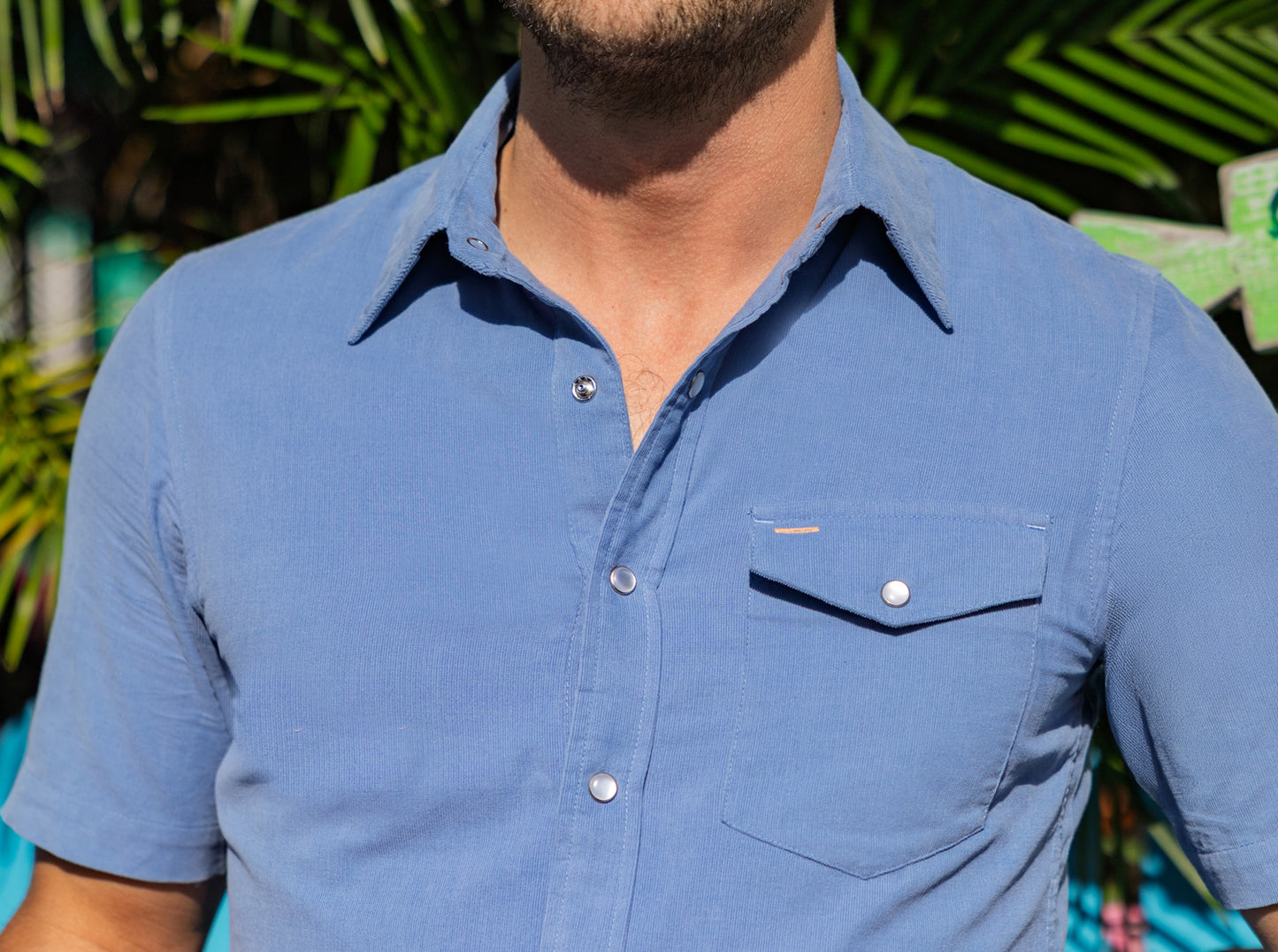 Short Sleeve Corduroy Pearl Snap - Harbor Blue