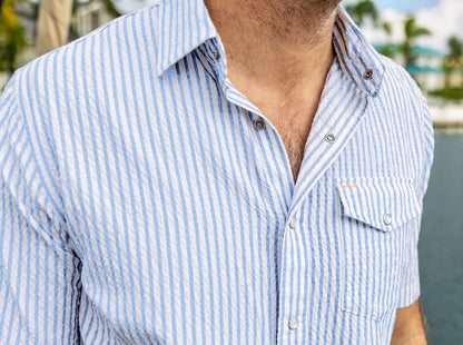 Short Sleeve Performance Pearl Snap - Blue Seersucker