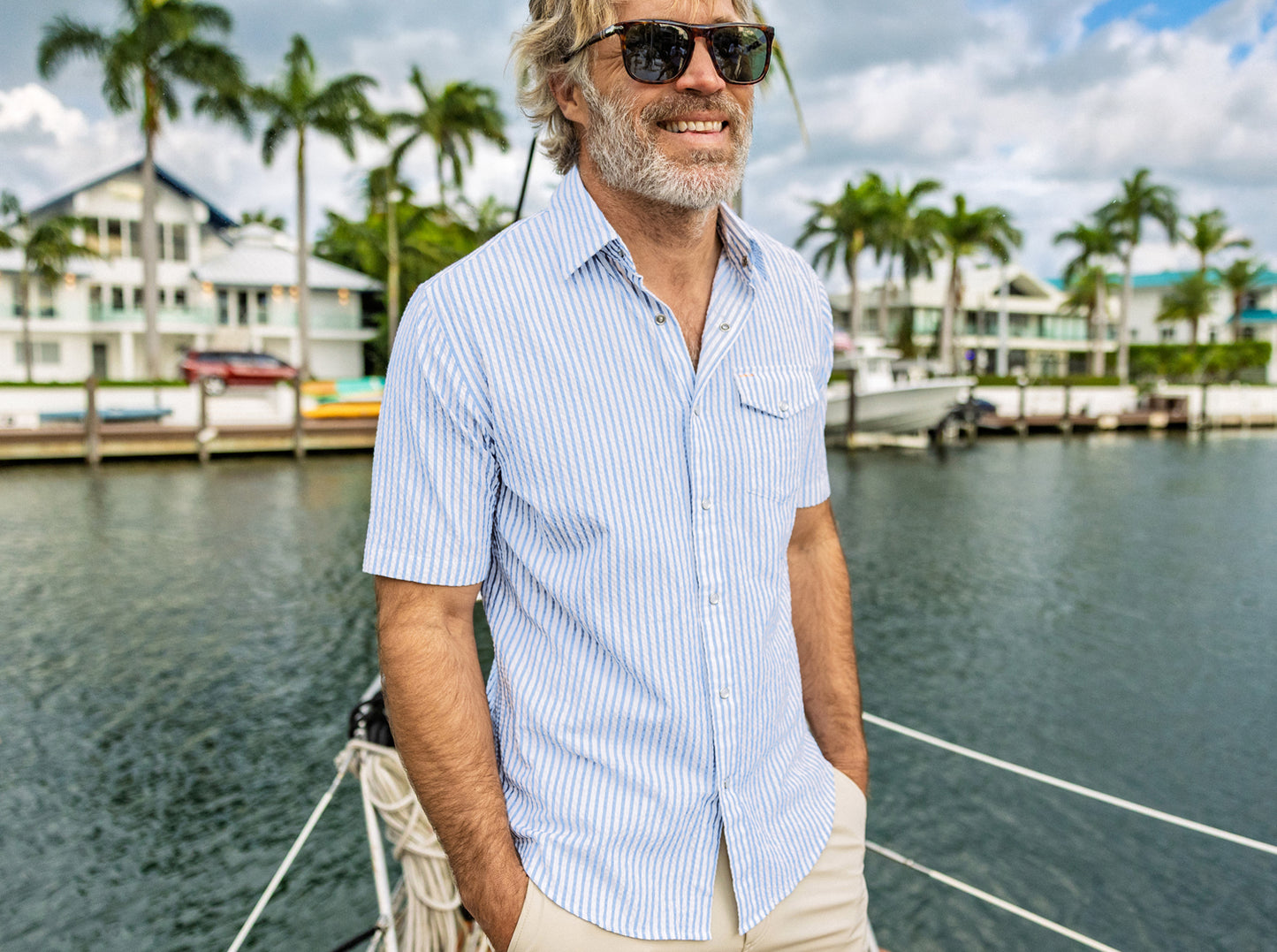 Short Sleeve Performance Pearl Snap - Blue Seersucker