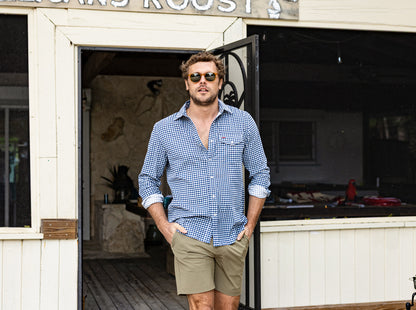 Spring Weight Corduroy Pearl Snap - Gingham Print - Vintage Navy