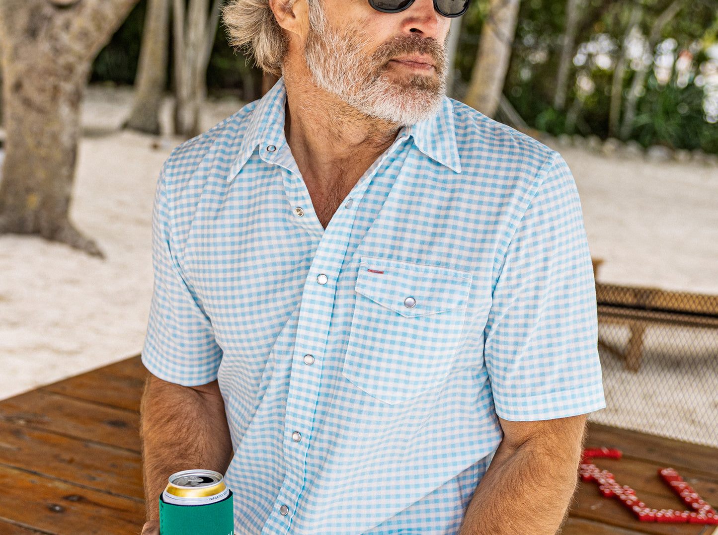 Short Sleeve Corduroy Pearl Snap - Gingham Print - Sky