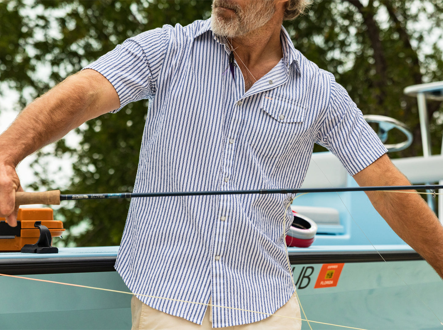 Short Sleeve Performance Pearl Snap - Navy Seersucker