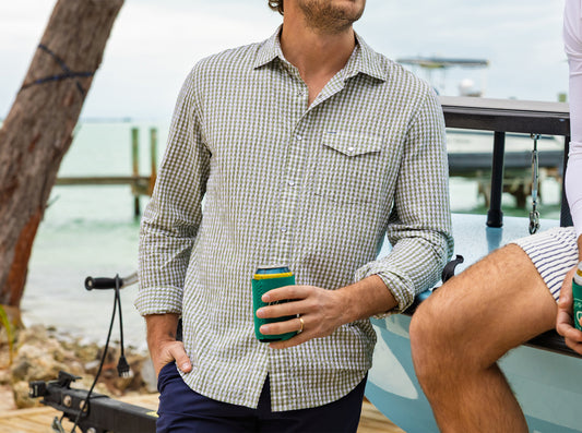Performance Pearl Snap Button Down - Gingham Seersucker - Olive