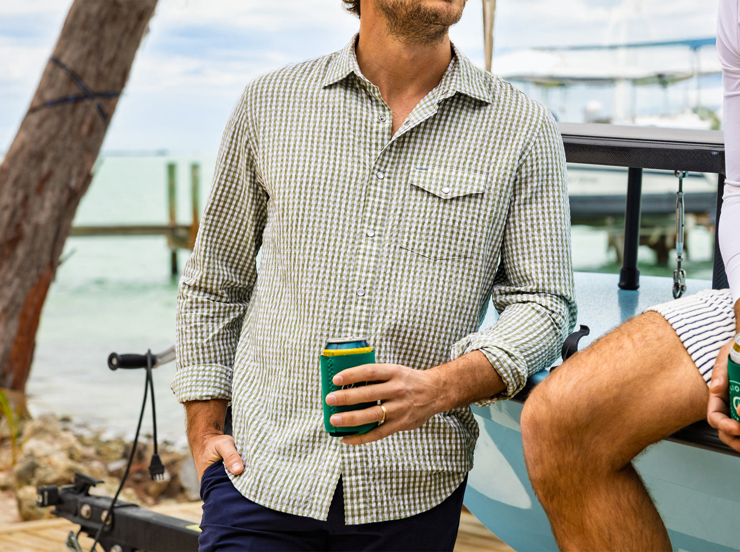 Performance Pearl Snap Button Down - Gingham Seersucker - Olive