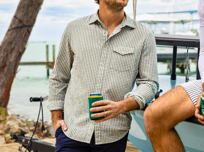 Performance Pearl Snap Button Down - Gingham Seersucker - Olive