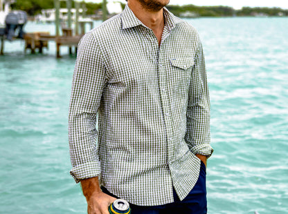 Performance Pearl Snap Button Down - Gingham Seersucker - Olive