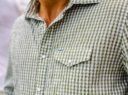 Performance Pearl Snap Button Down - Gingham Seersucker - Olive