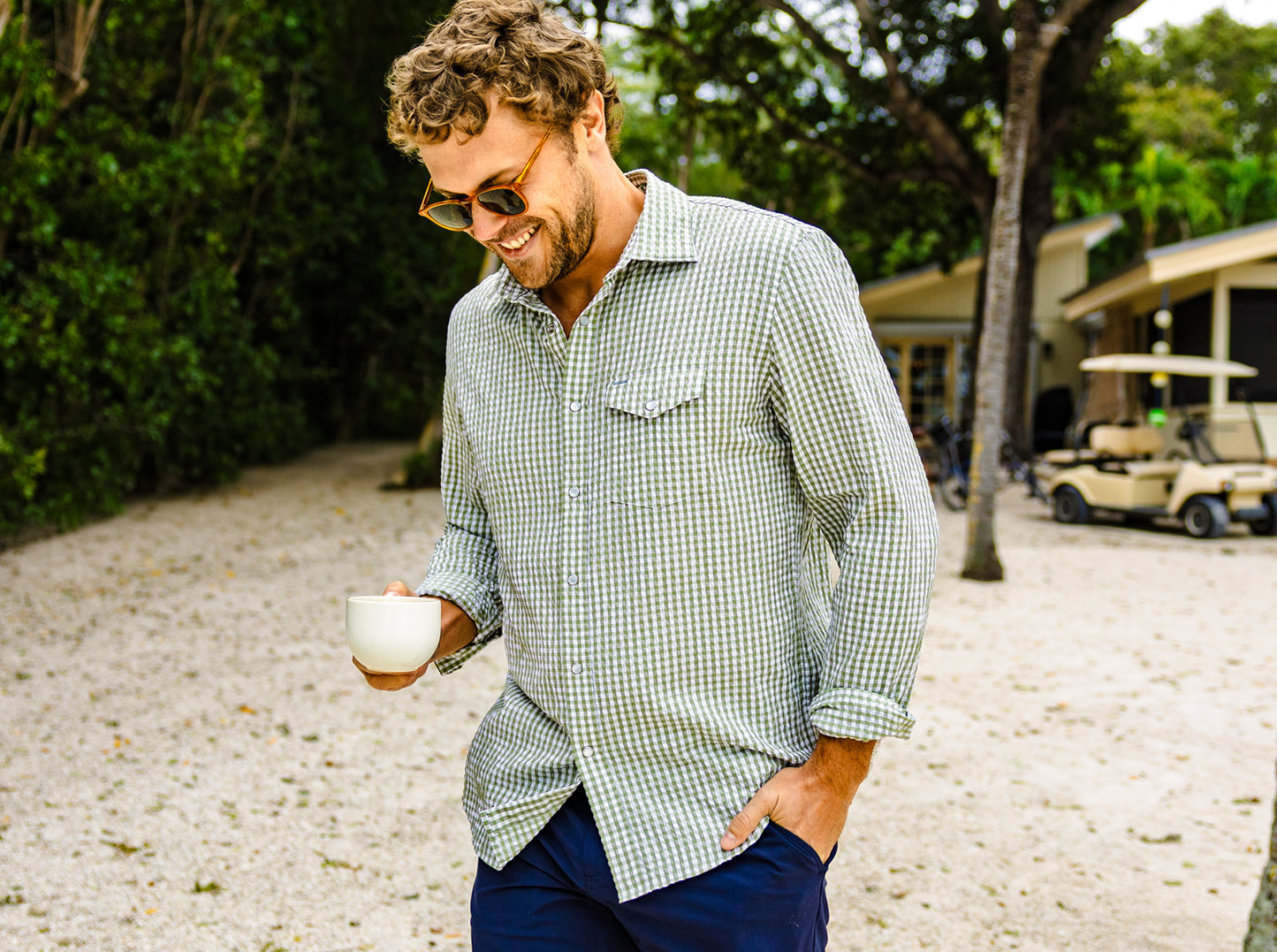 Performance Pearl Snap Button Down - Gingham Seersucker - Olive