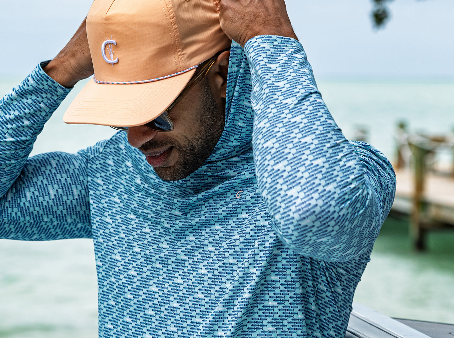 Hoodie Sun Shirt - Bonefish Print - Navy
