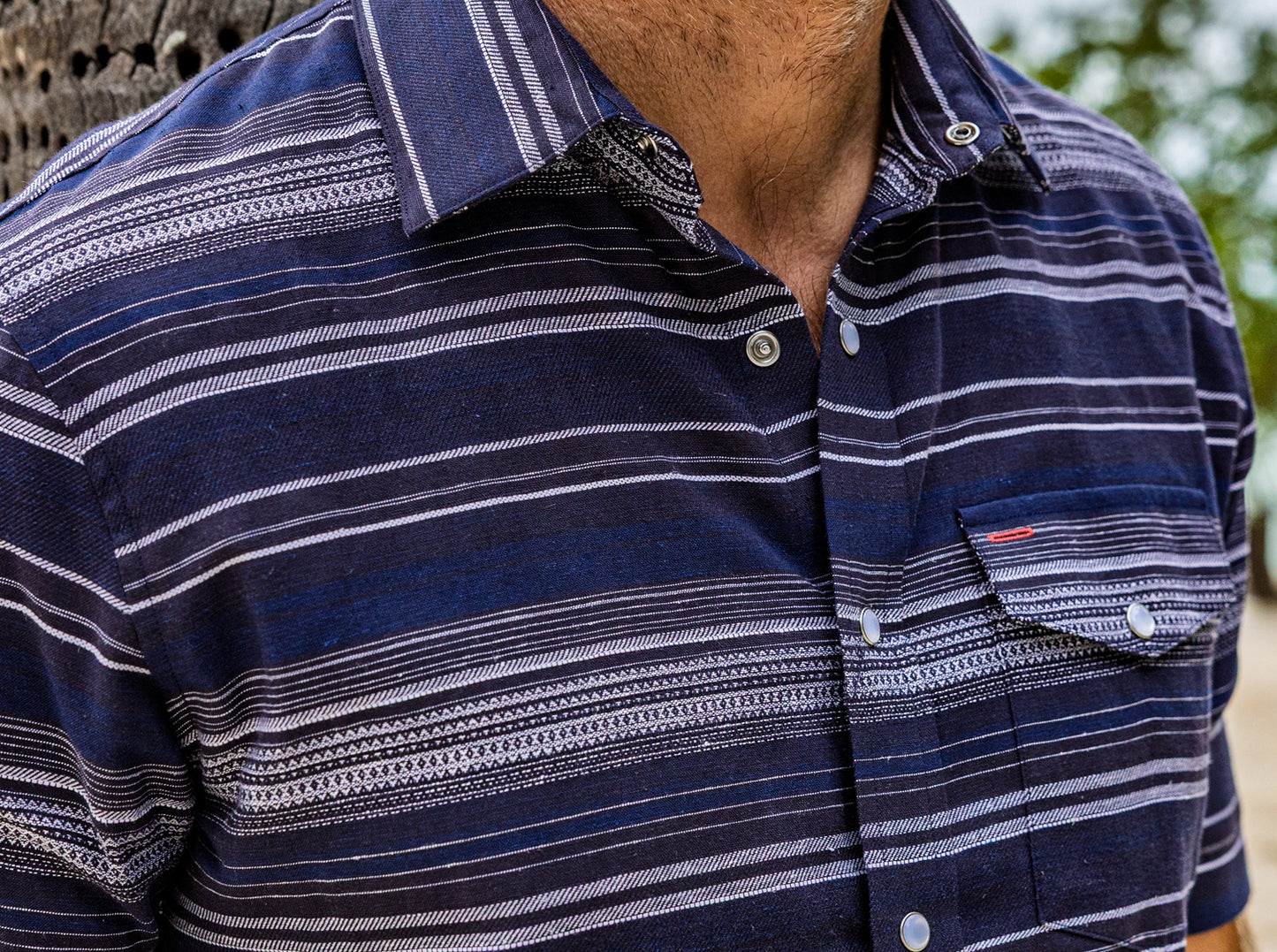 Hemp Stripe Pearl Snap - Navy