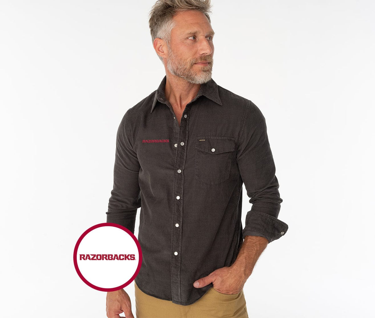 Criquet Arkansas Corduroy Pearl Snap in Razorbacks, Charcoal, view 1