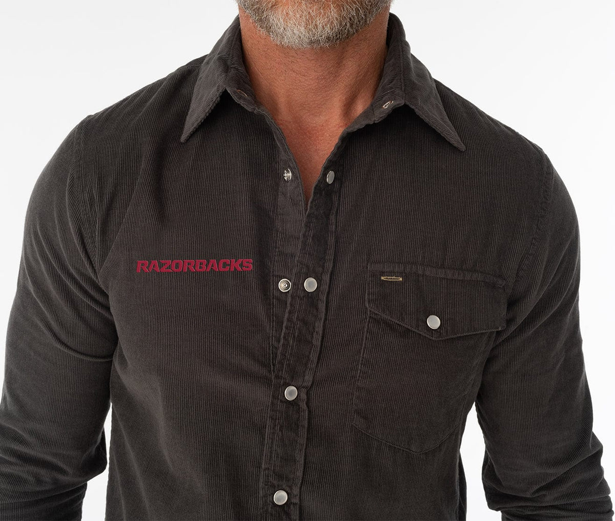 Criquet Arkansas Corduroy Pearl Snap in Razorbacks, Charcoal, view 2