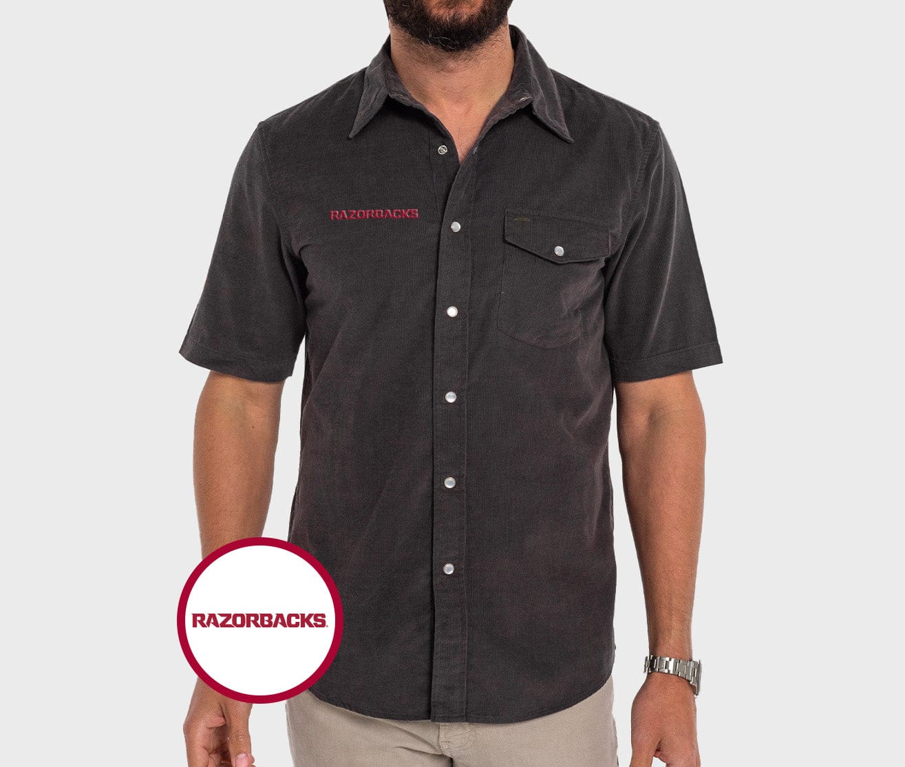 Arkansas - Short Sleeve Corduroy Pearl Snap - Razorbacks - Gray