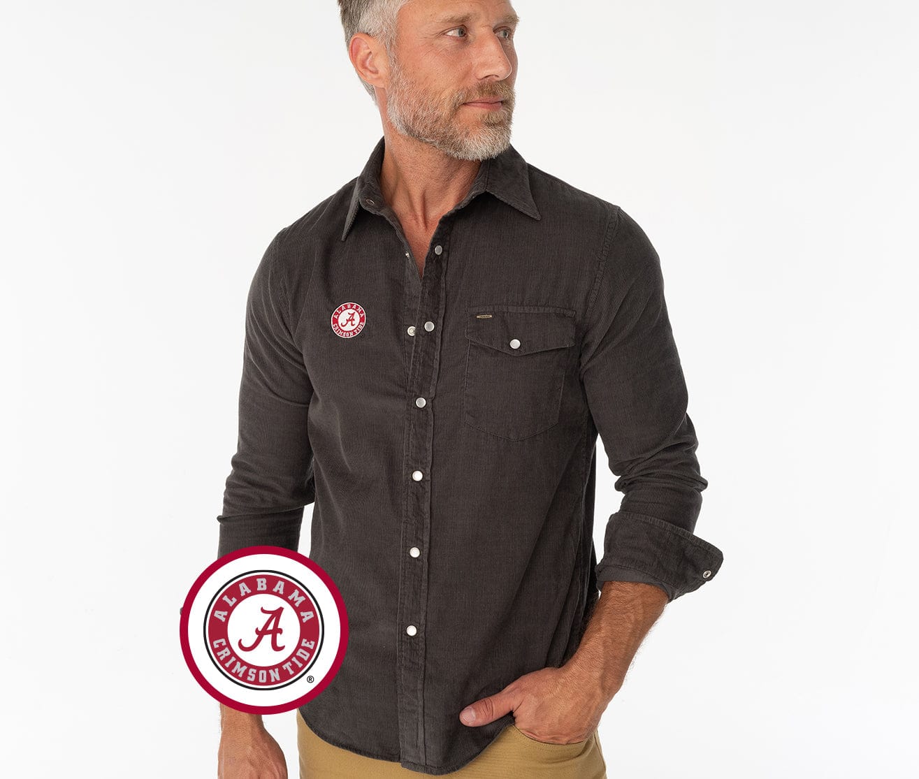 Alabama - Corduroy Pearl Snap - A Badge (R/W) - Charcoal