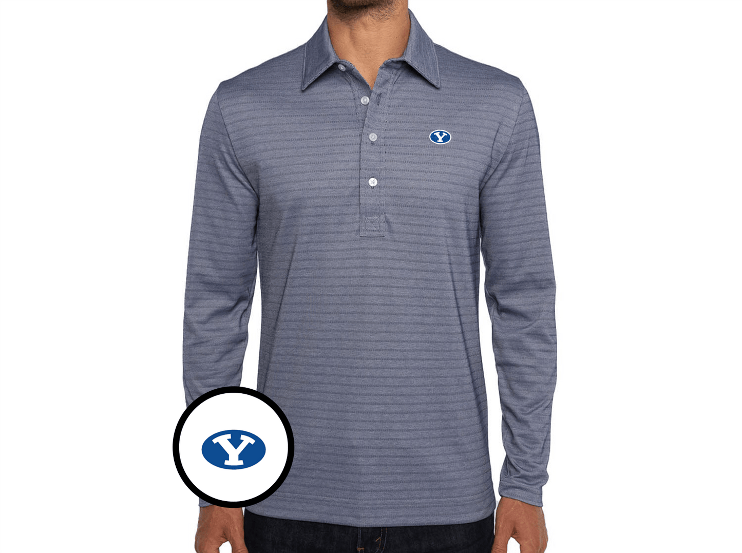 BYU - Jacquard Long Sleeve Range Polo - Oval - Navy Stripe