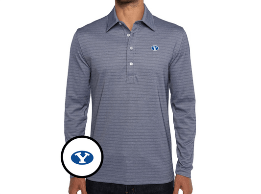 BYU - Jacquard Long Sleeve Range Polo - Oval - Navy Stripe