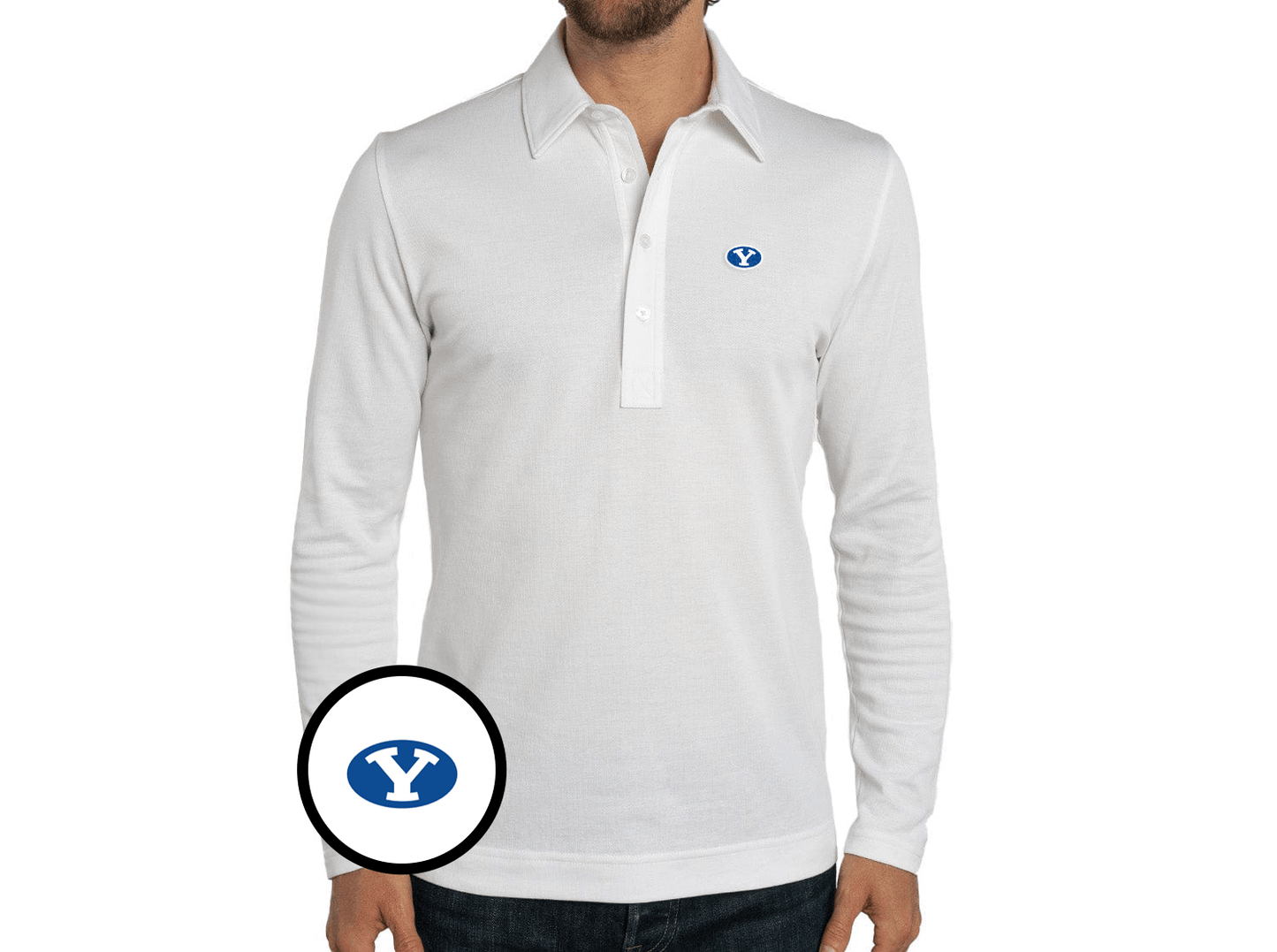 BYU - Jacquard Long Sleeve Range Polo - Oval - White
