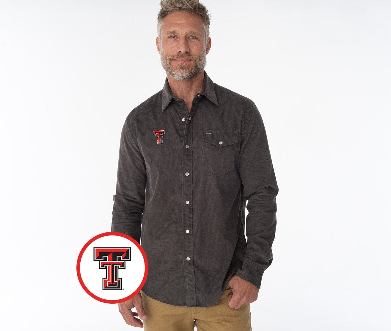 Texas Tech - Corduroy Pearl Snap - TT Mark - Gray
