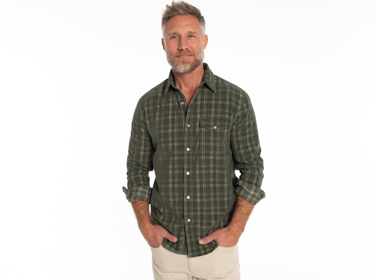 Corduroy Pearl Snap - Olive Plaid