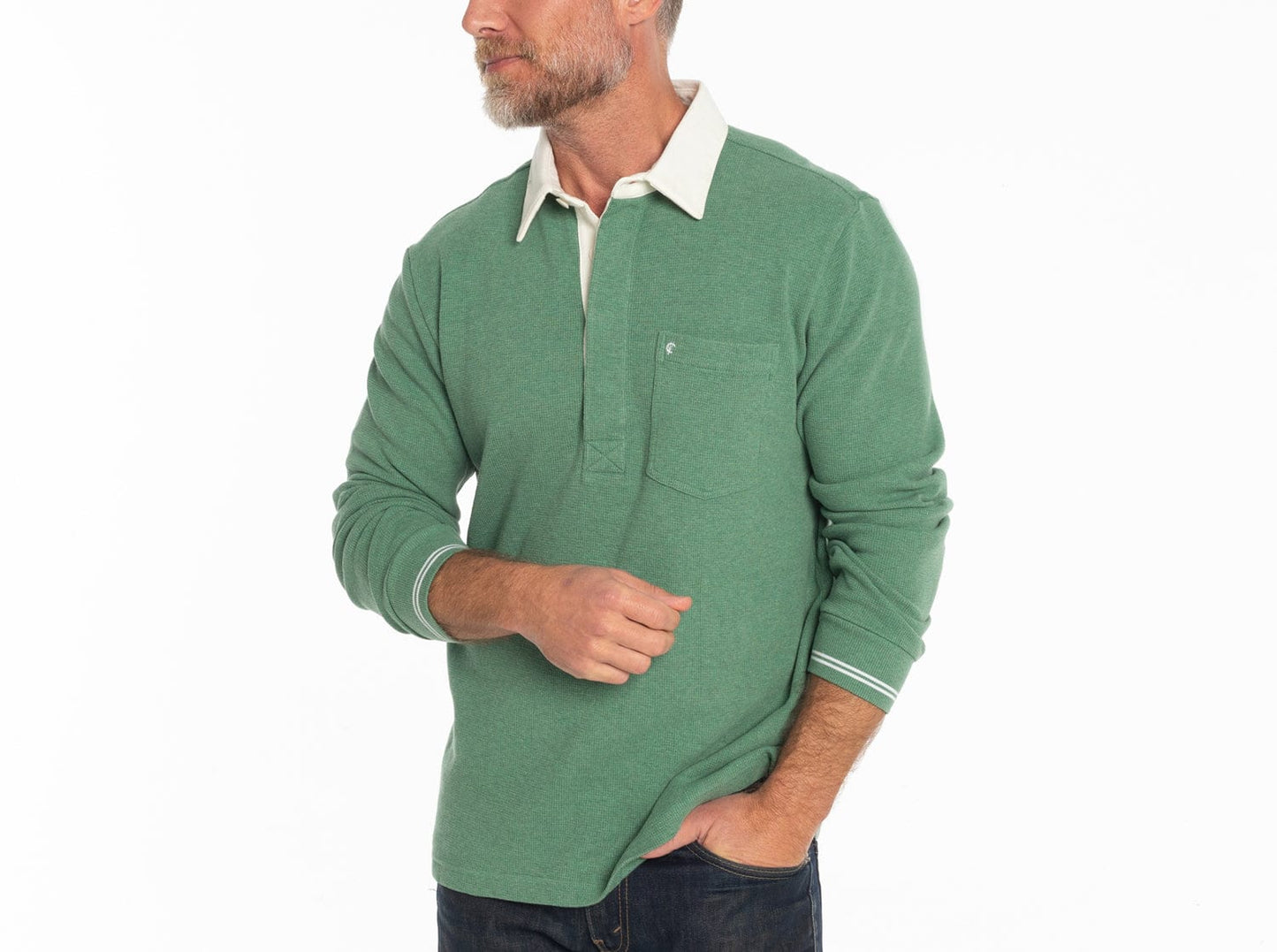 Criquet Waffle Rugby Shirt in Heather Green, view 4