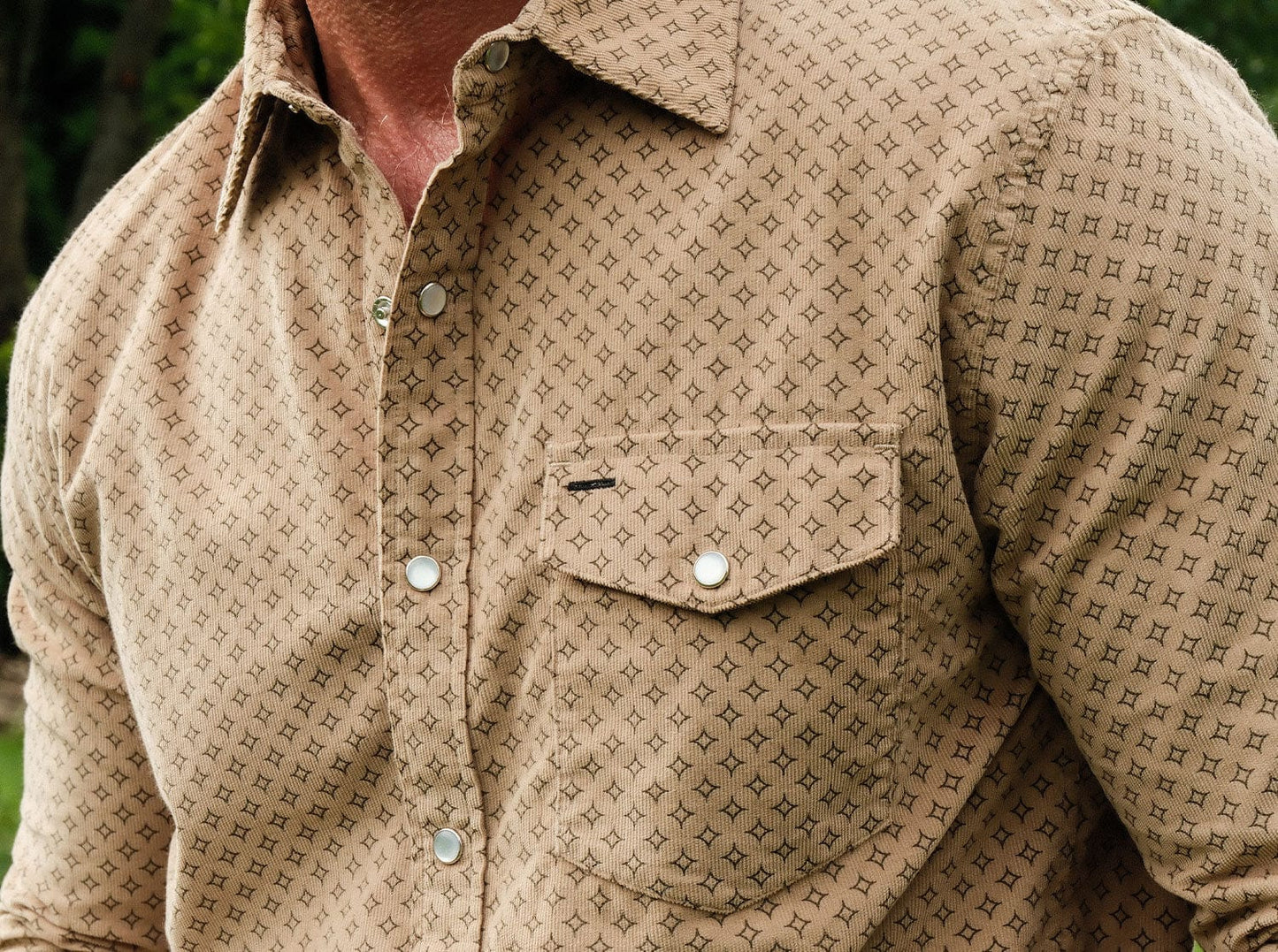 Corduroy Pearl Snap - Star Geo Print - Khaki