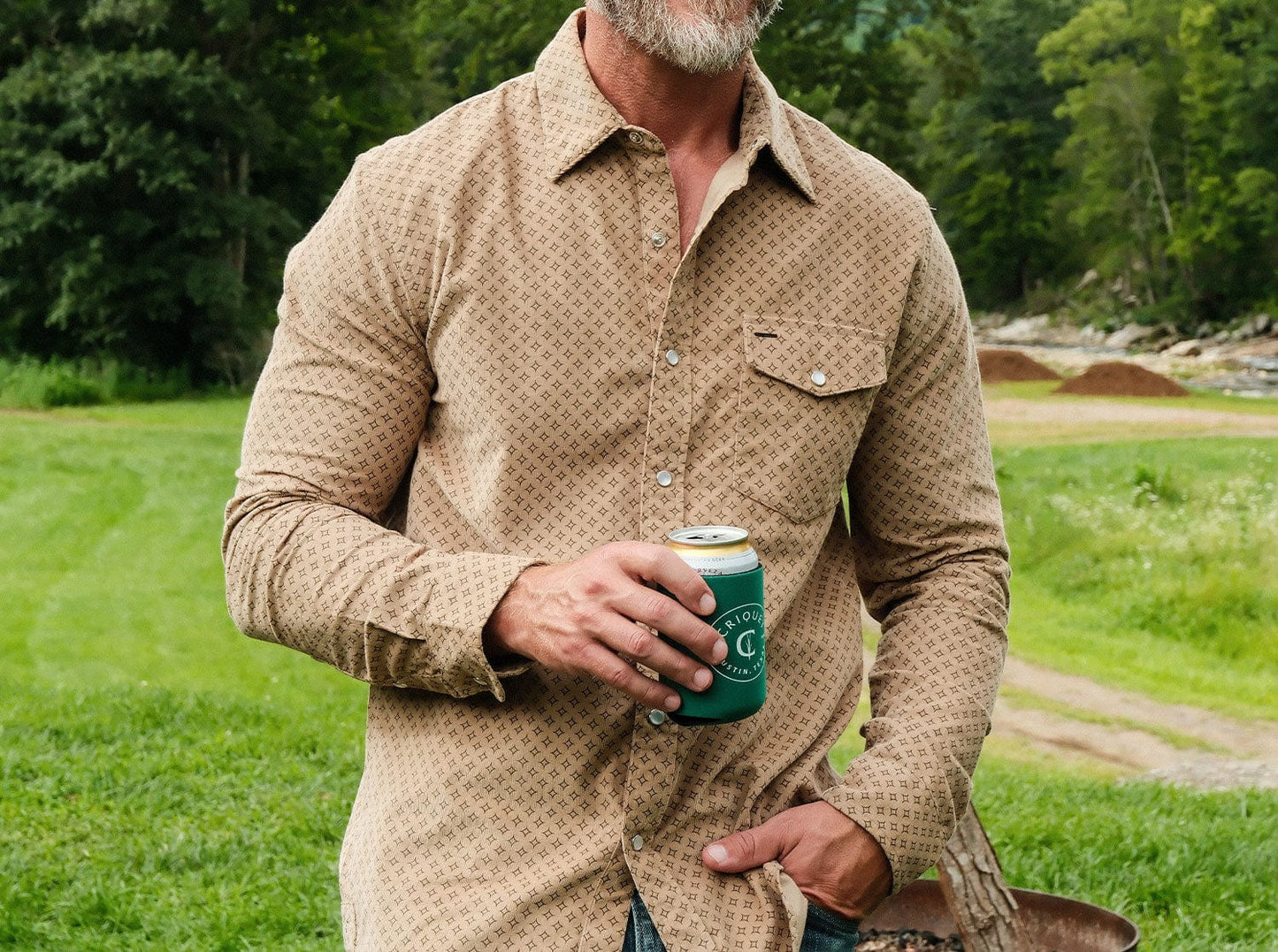 Corduroy Pearl Snap - Star Geo Print - Khaki