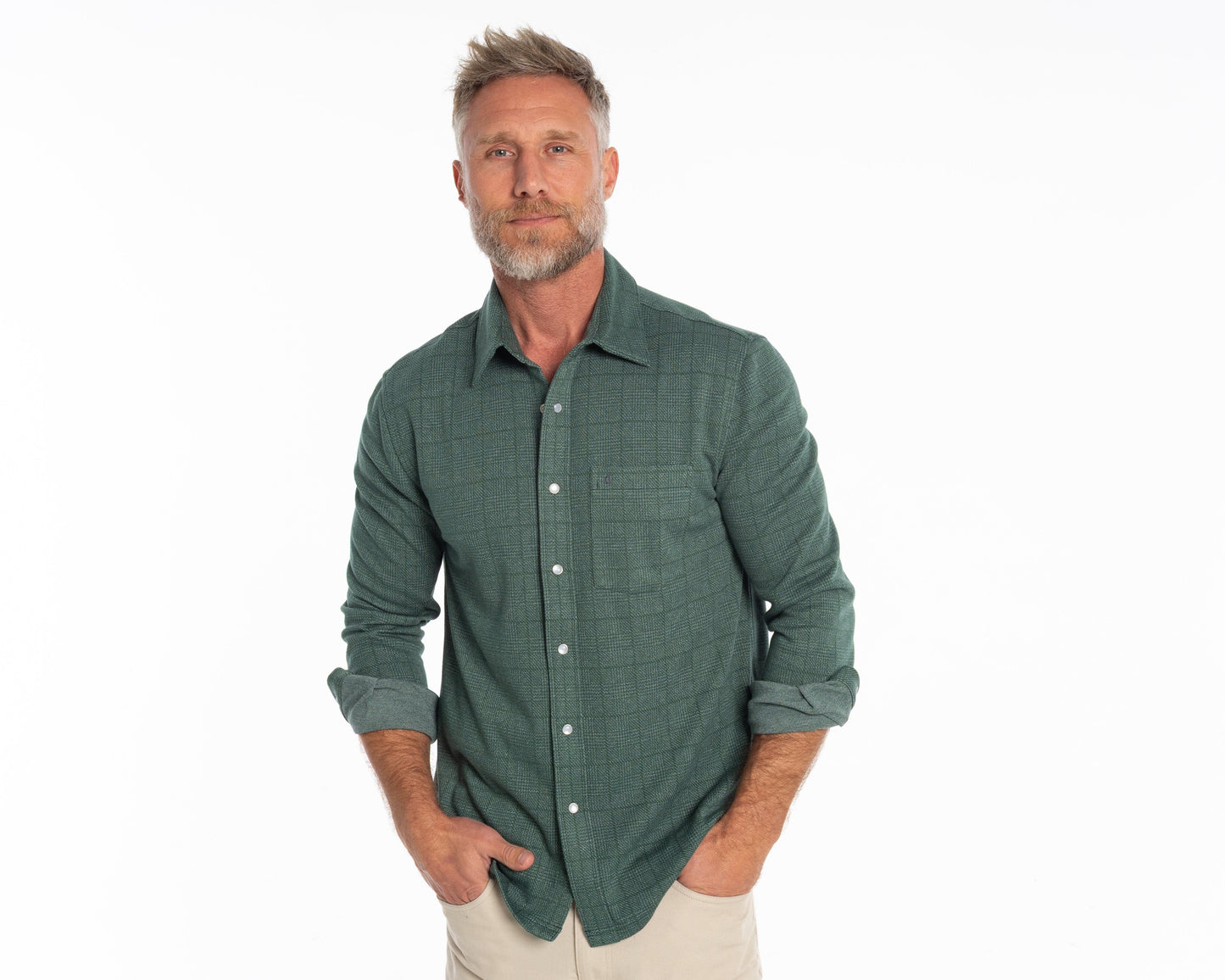 Chill-Knit Plaid Pearl Snap - Green Jacquard