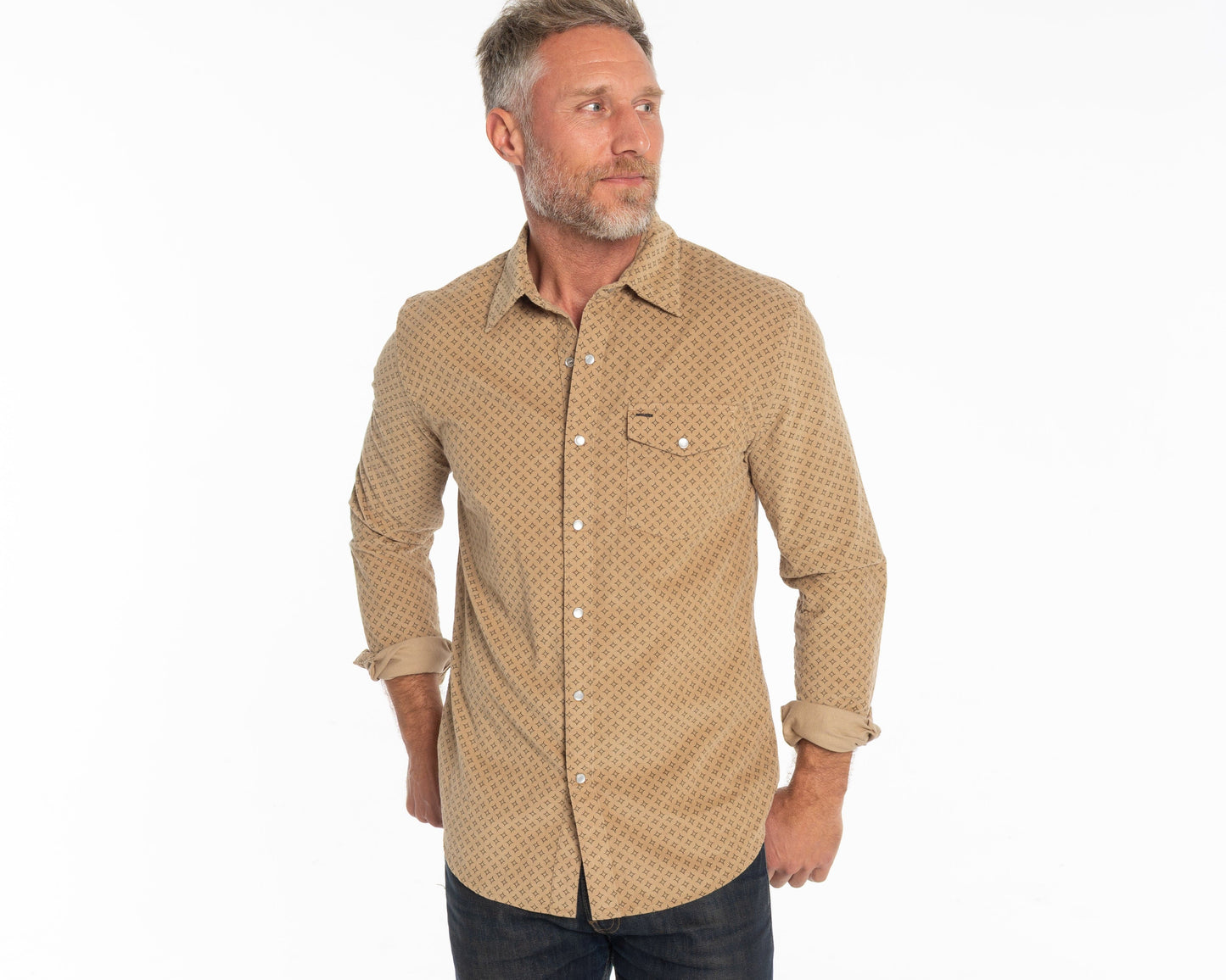 Corduroy Pearl Snap - Star Geo Print - Khaki